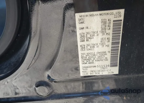 2021 Nissan Titan Sv 4X2 из США, поврежденный, VIN 1N6AA1EFXMN511516